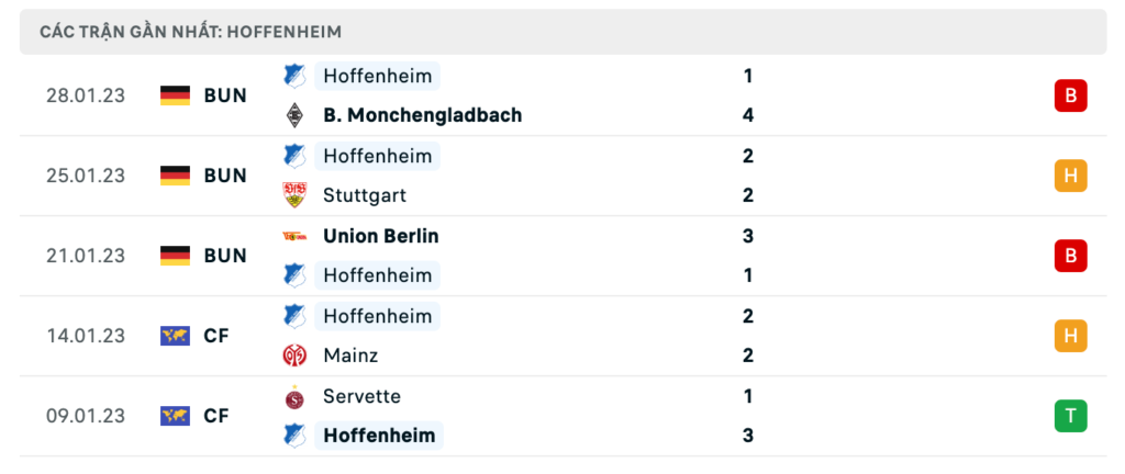 Phong độ thi đấu gần đây của đội chủ khách Hoffenheim