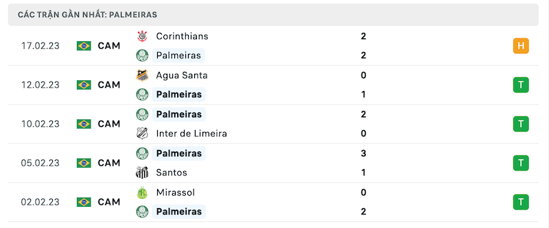 Phong độ thi đấu gần đây của đội chủ nhà Palmeiras